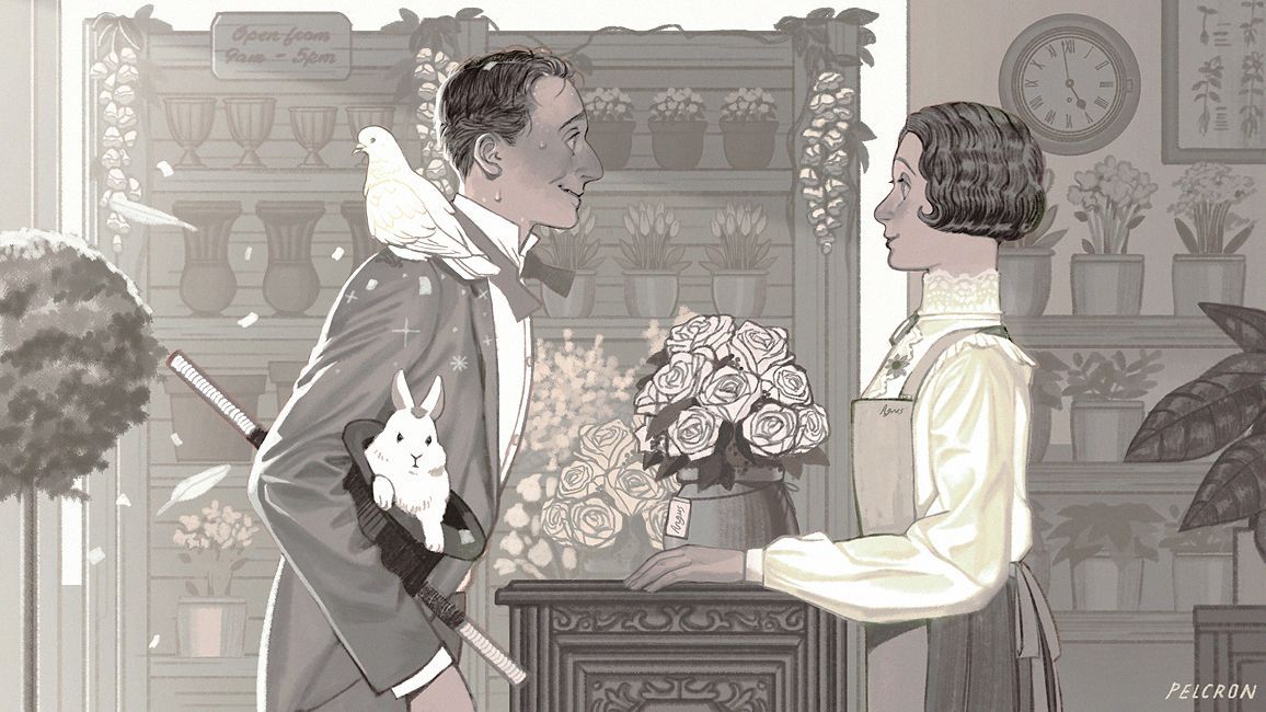 A couple talking in the flower shop. "Field of Sunflowers" Yvette's graphic novel image